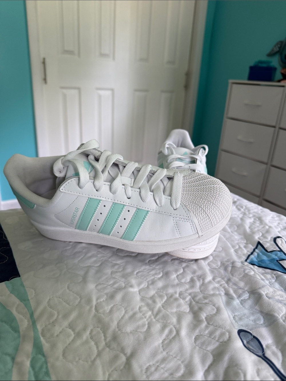 White Womens Sneakers with Teal Stripes